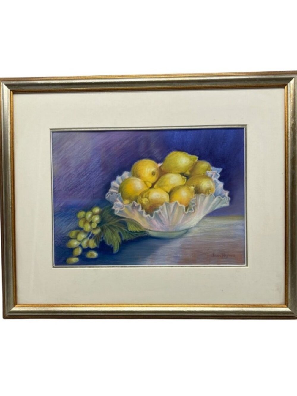 Joan Haynes Framed Still Life Pastel Painting Of Lemons & Grapes Glass Bowl READ